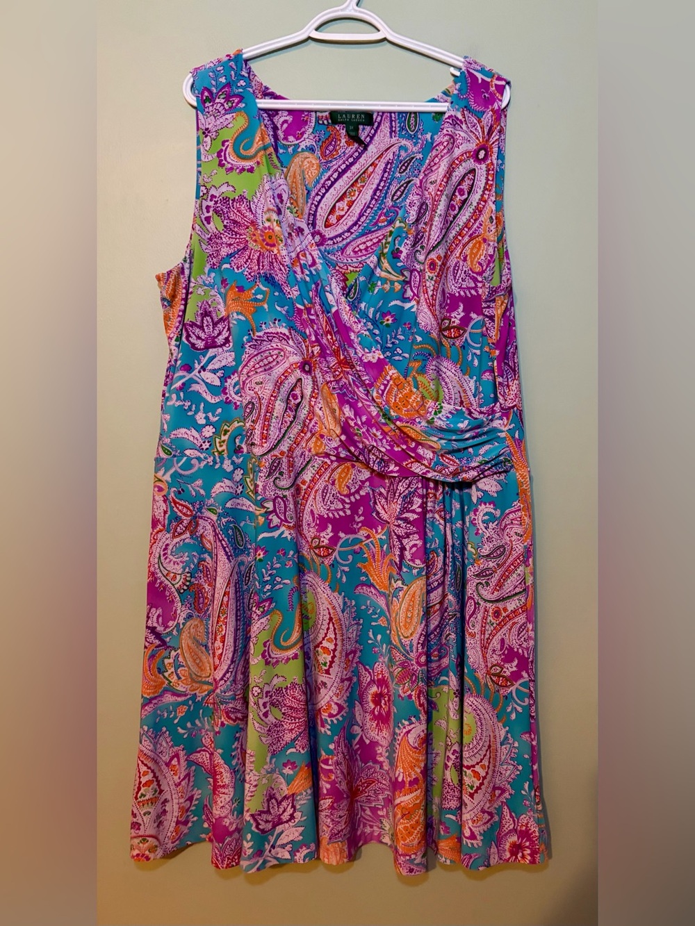 Lauren Ralph Lauren Paisley Faux Wrap Dress Plus 3X Sleeveless Jersey Boho Top